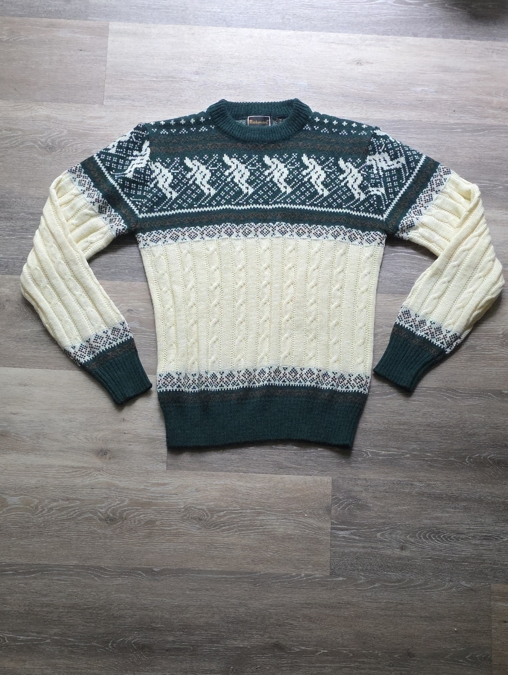 Vintage Ski Motif Cable Knit Sweater – Forest Green & Cream Fair Isle Pullover M